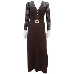 1970's St. John Knits Brown Crochet Dress With Rhinestone & Gold Details