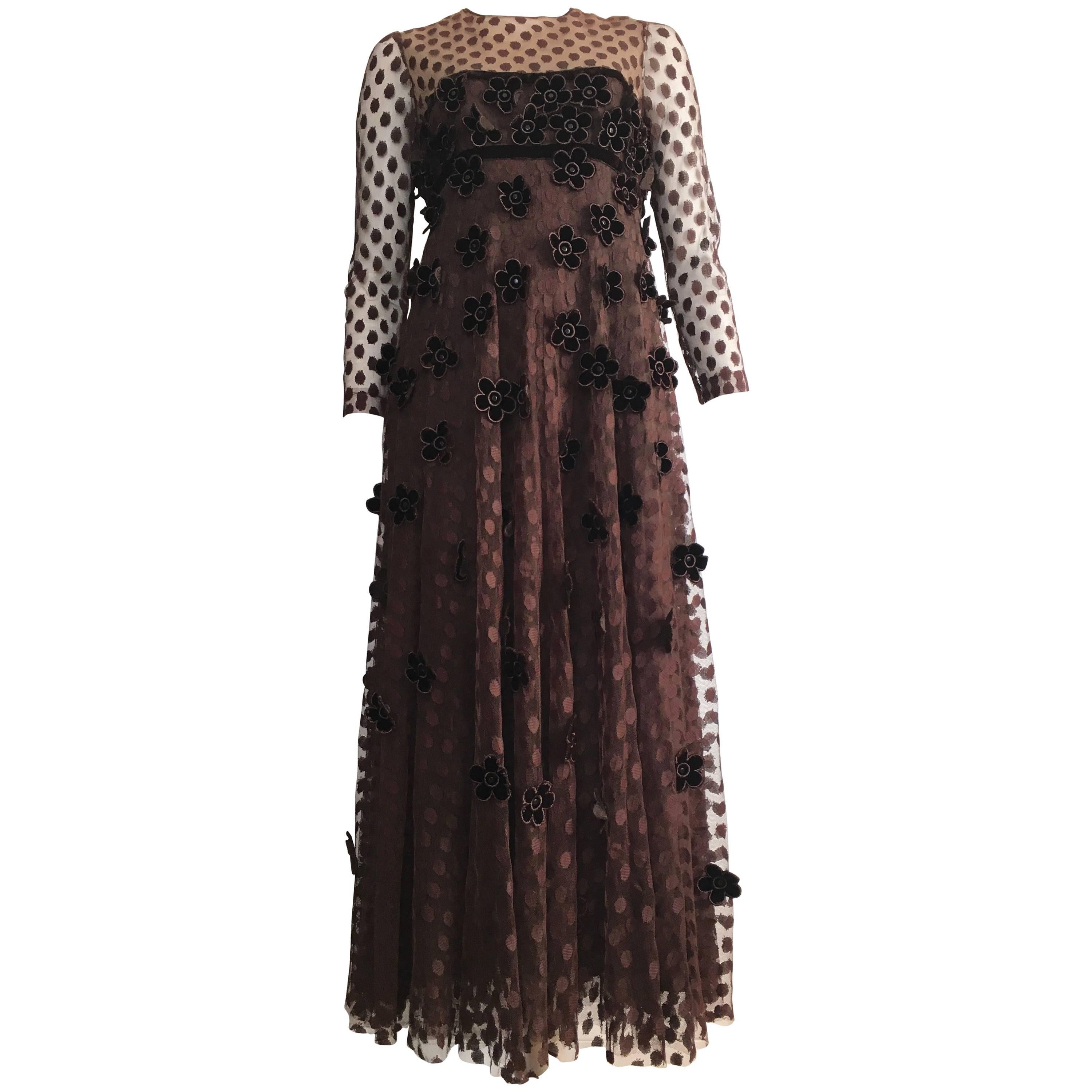 Brown Maxi Empire 1960s Layered Dress with Velvet Flowers Size 8 / 10. For Sale