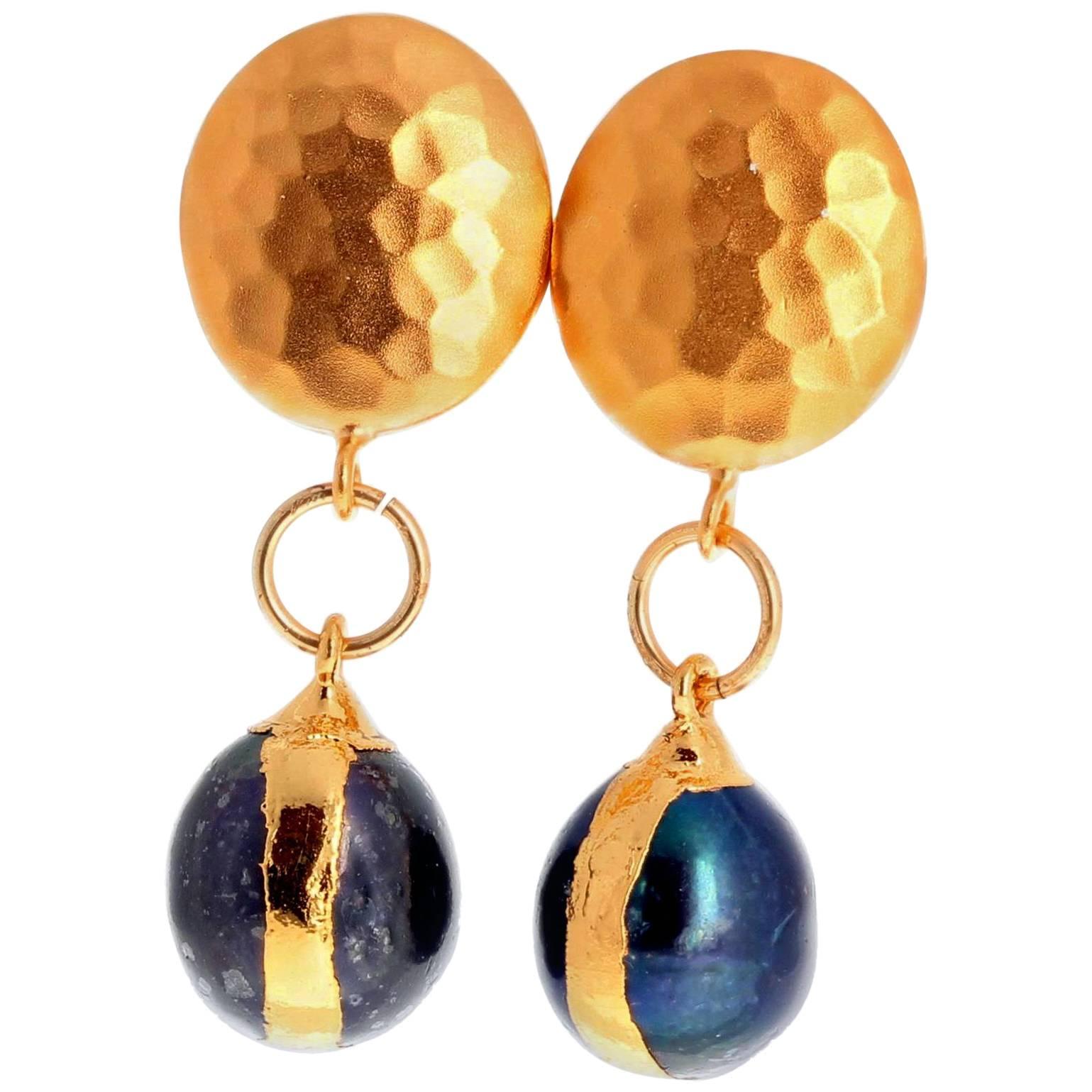 Glowing bluish Abalone Fireball Pearls dangle elegantly from these Vermeil (sterling silver gold plated) earrings (approximately 1.64 inches from top of clip to bottom of Pearl). 