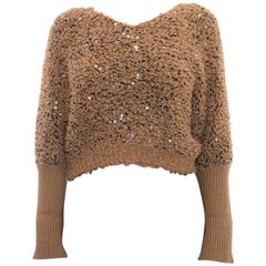 Brunello Cucinelli Caramel Brown Sequin Textured Crop Sweater - M