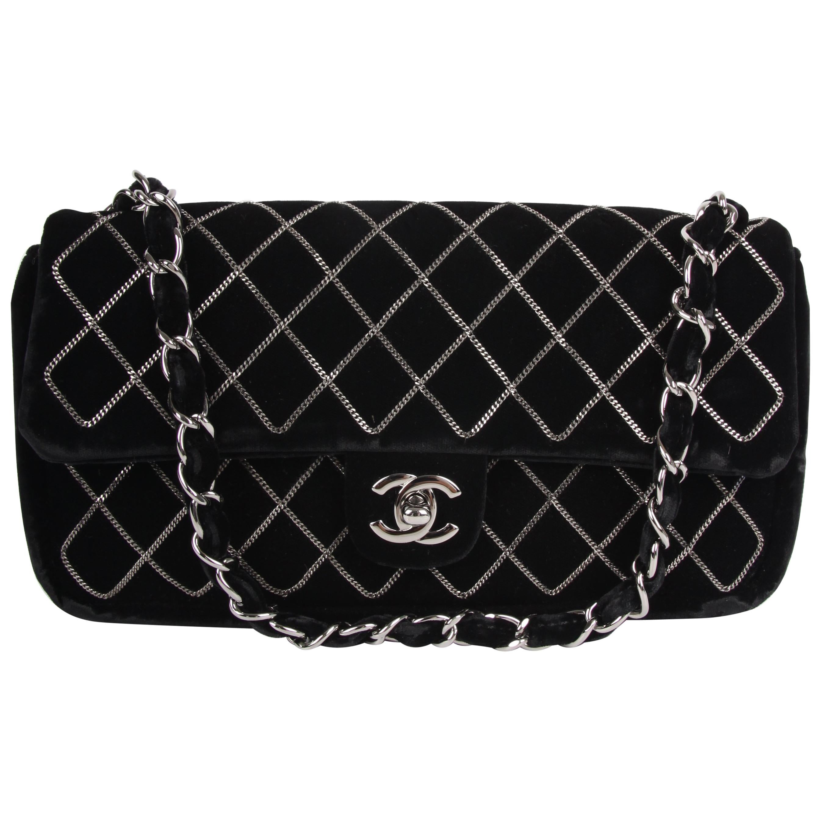 Chanel Classic Flap East West Chain Quilted Velvet Bag - black