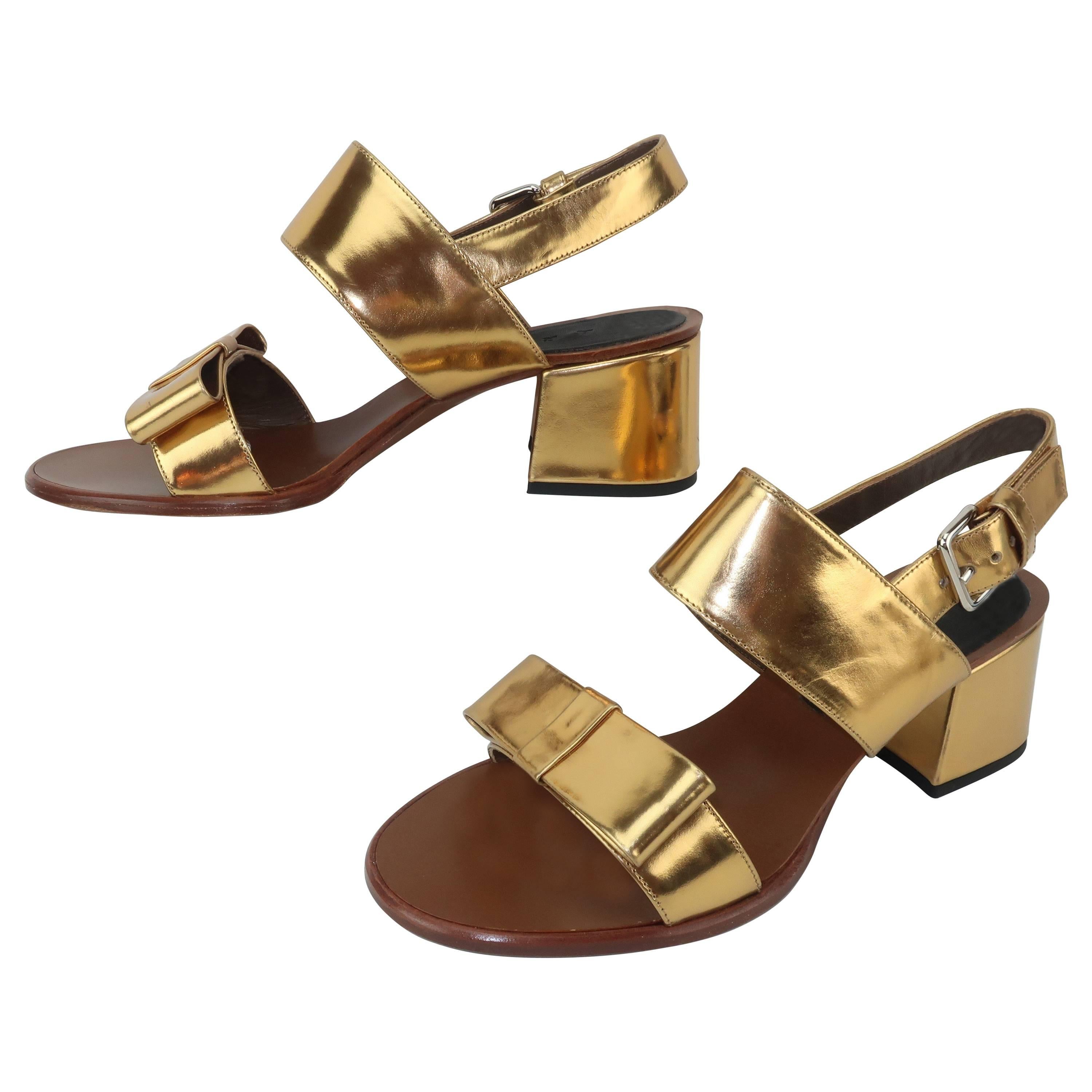 Marni Gold Leather Bow Embellished Sandal Shoes 