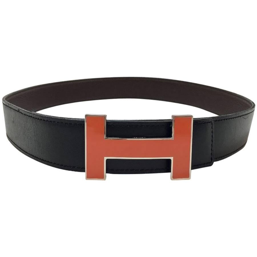 HERMES H Reversible Belt in Black Swift Leather and Brown Epsom Leather Size 80