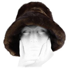 Vintage 1960s Dark Chocolate Brown Brimmed Mink Fur Hat With Twisted Satin Ribbon