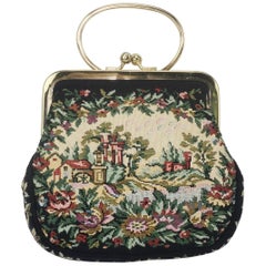 C.1960 Walborg Black Tapestry Sac à main avec poignée convertible en anneau