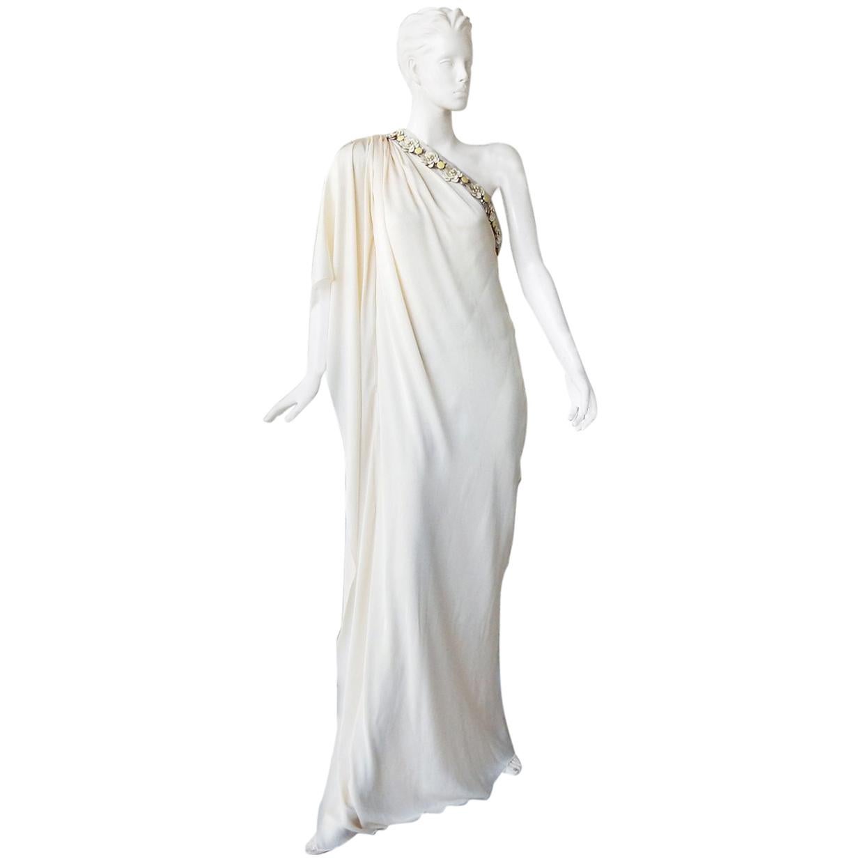 Lanvin White Grecian Drape One Shoulder Gown with Embellished Flower Neckline