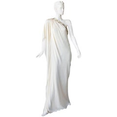 Lanvin - Robe drapée blanche style grec avec encolure asymétrique ornée de fleurs