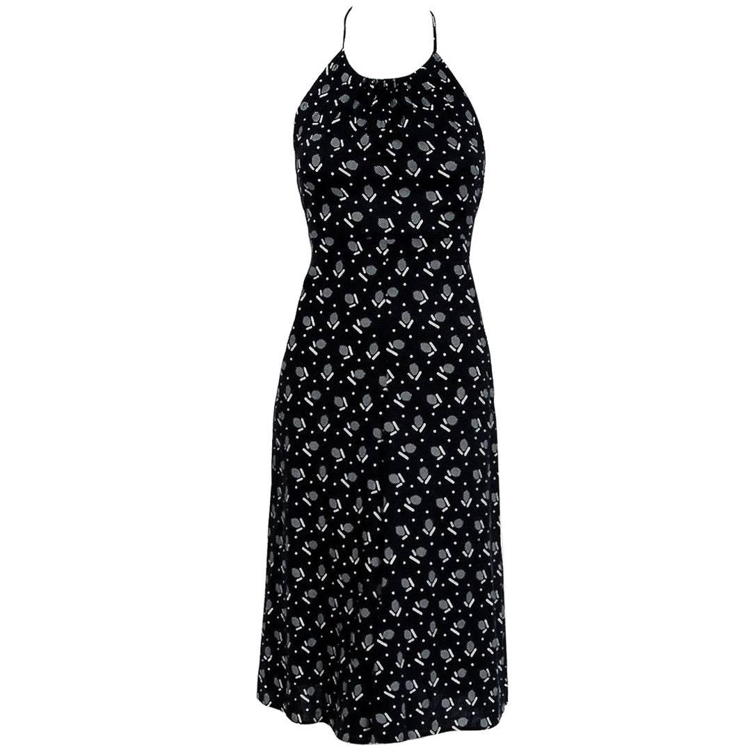 1977 Biba London Black & White Deco Dots Print Cotton Halter Backless Dress 