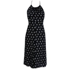 1977 Biba London Black & White Deco Dots Print Cotton Halter Backless Dress 