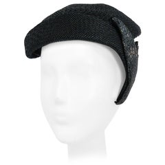 1950s Black Woven Straw Cocktail Hat with Beaded Leaf