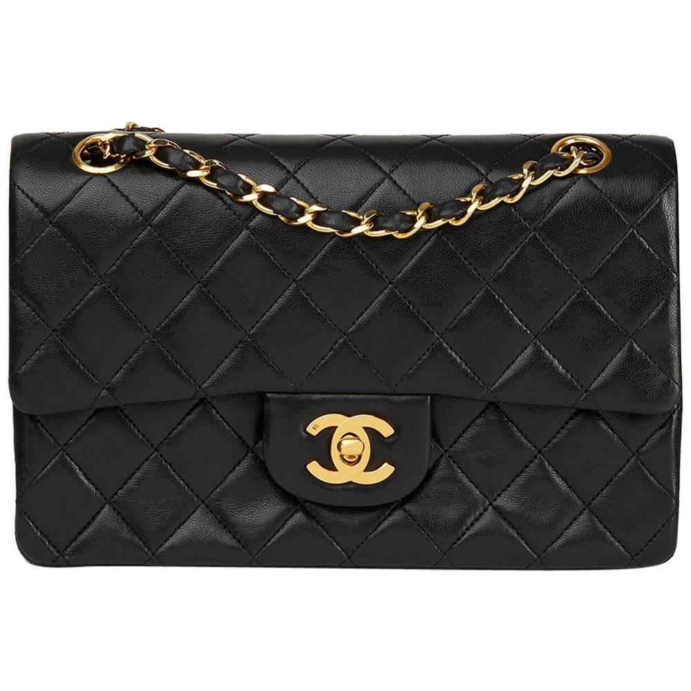 1986 Chanel Black Quilted Lambskin Vintage Small Classic Double Flap Bag