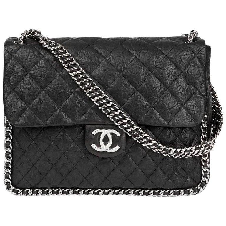 CHANEL Calfskin Quilted Maxi Pearls Clutch With Chain White