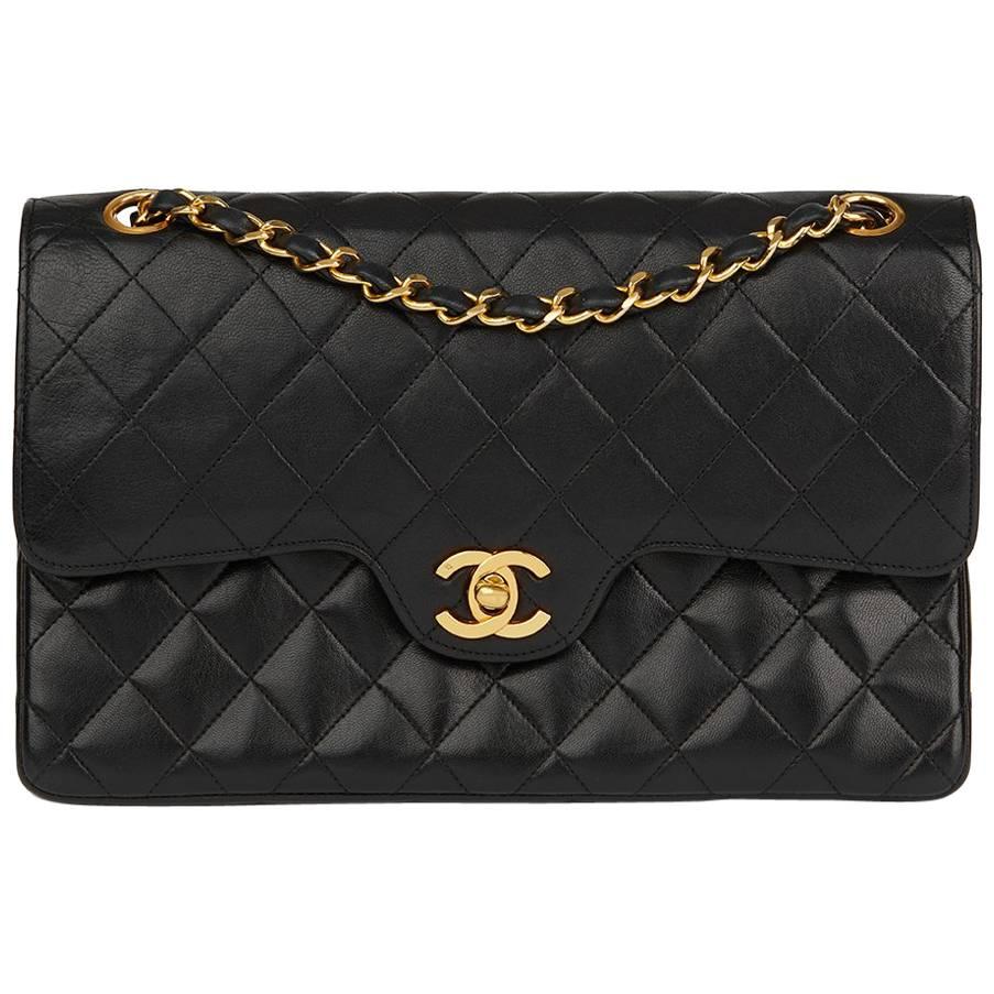 1986 Chanel Black Quilted Lambskin Vintage Medium Classic Double Flap Bag