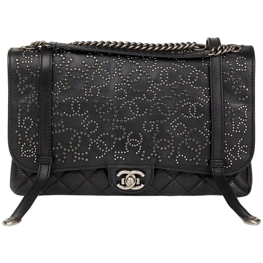 2014 Chanel Black Studded Calfskin Leather Paris-Dallas Studded Buckle Flap Bag 