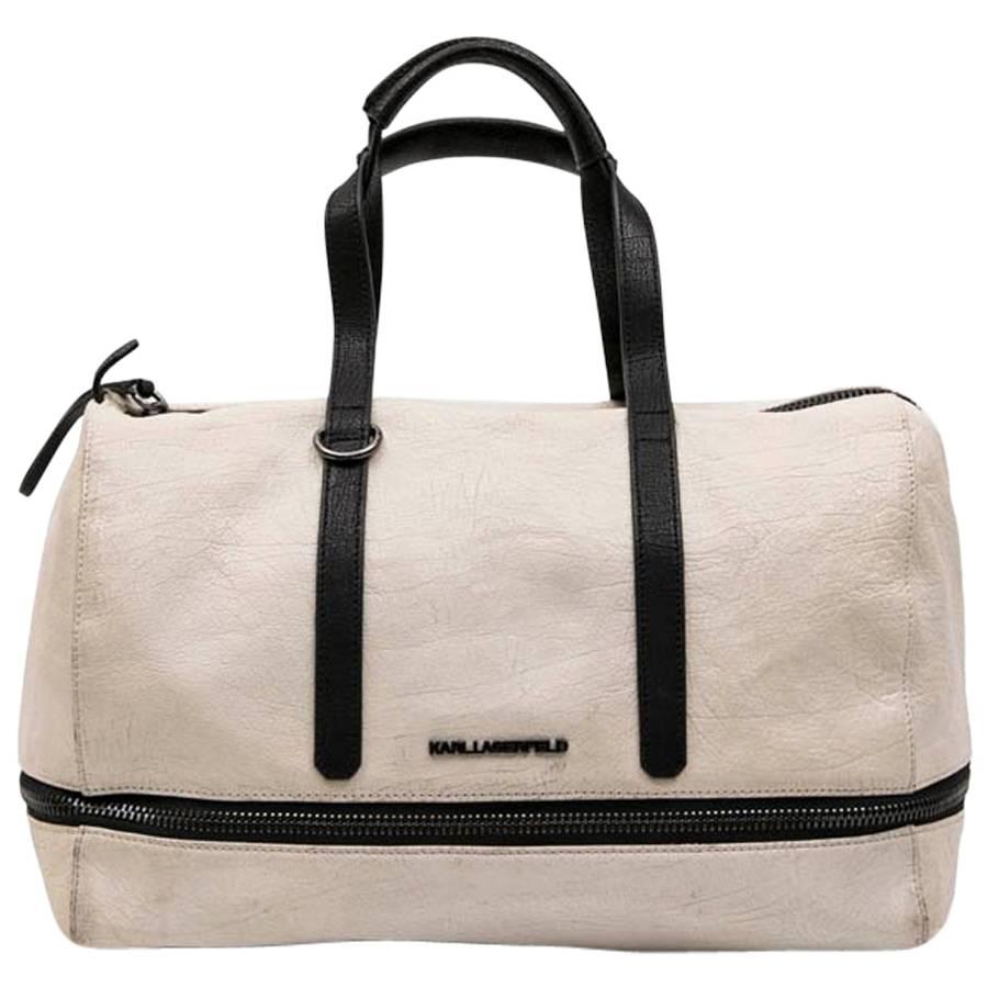KARL LAGERFELD Bowling Bag in Beige Grained Leather-Like Canvas