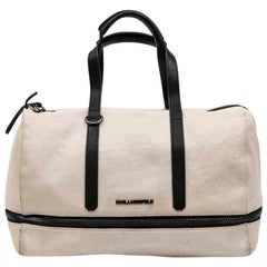 KARL LAGERFELD Bowling Bag in Beige Grained Leather-Like Canvas