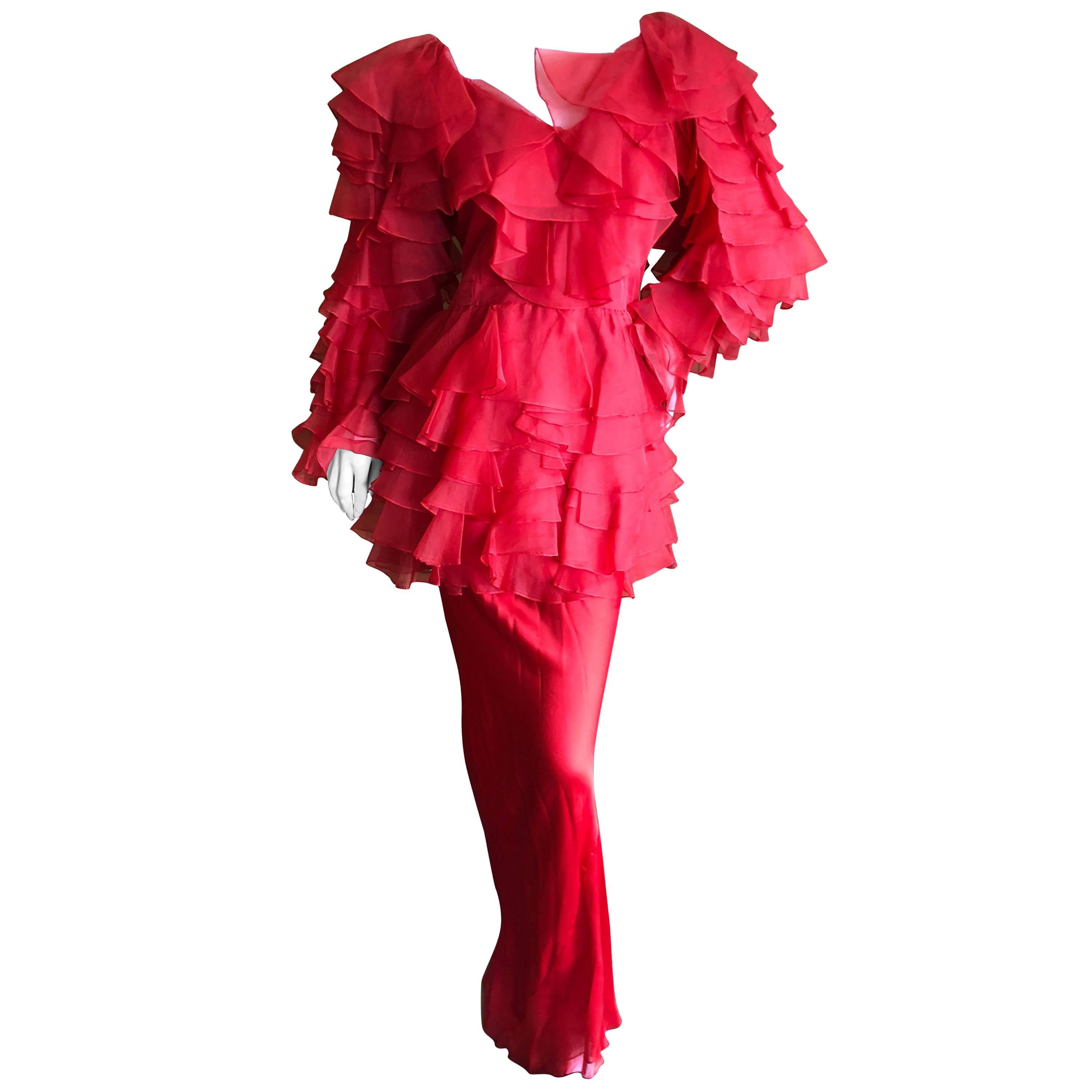 Cardinali 1970s Scarlet Red Ruffled Top and Bias Cut Silk Skirt with Fascinator For Sale