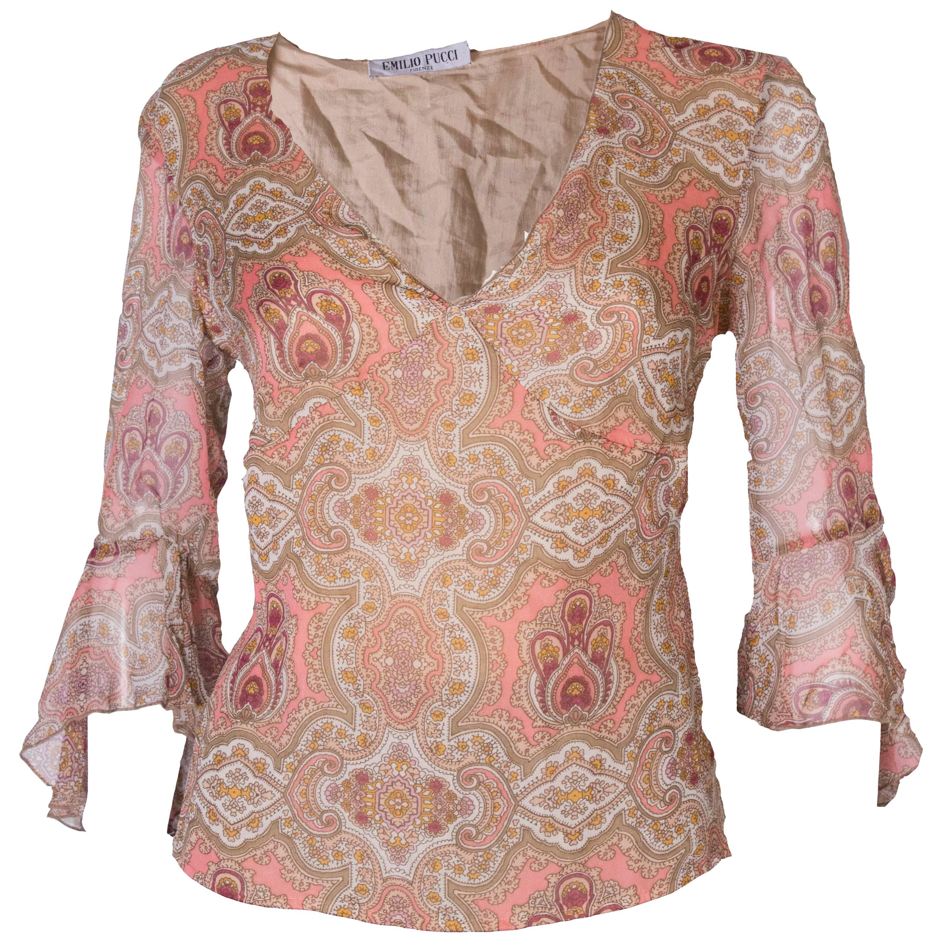 Chemise Vintage Emilio Pucci Années 60 - Soie - Taille XL (48) - Occasion Très Bon état - Bleu Azur