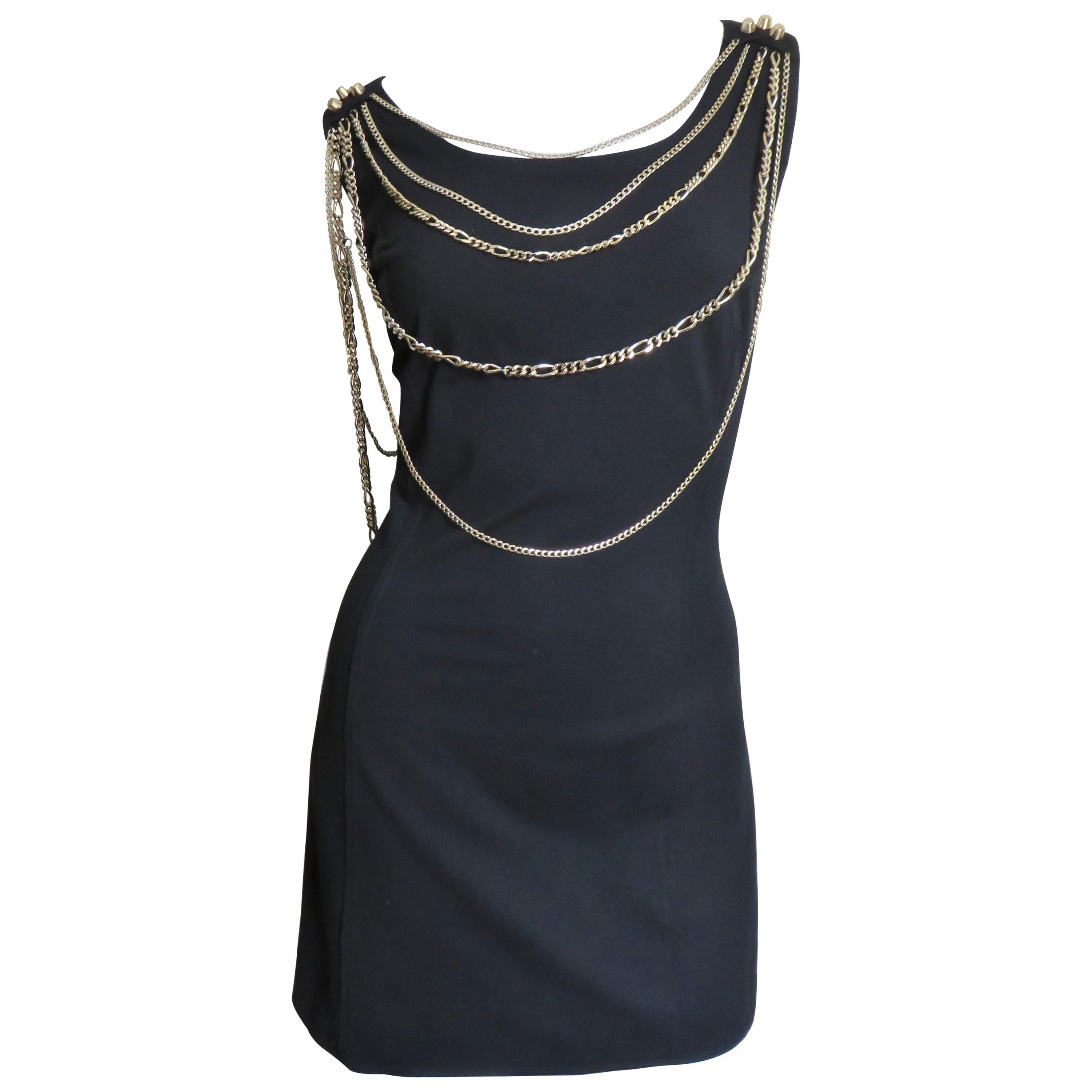 2010s Balmain Black Jersey Dress w Strong Shoulders, Front Knot & Keyhole