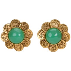 1980's Chanel Rare Green Gripoix Gold Clip Earrings