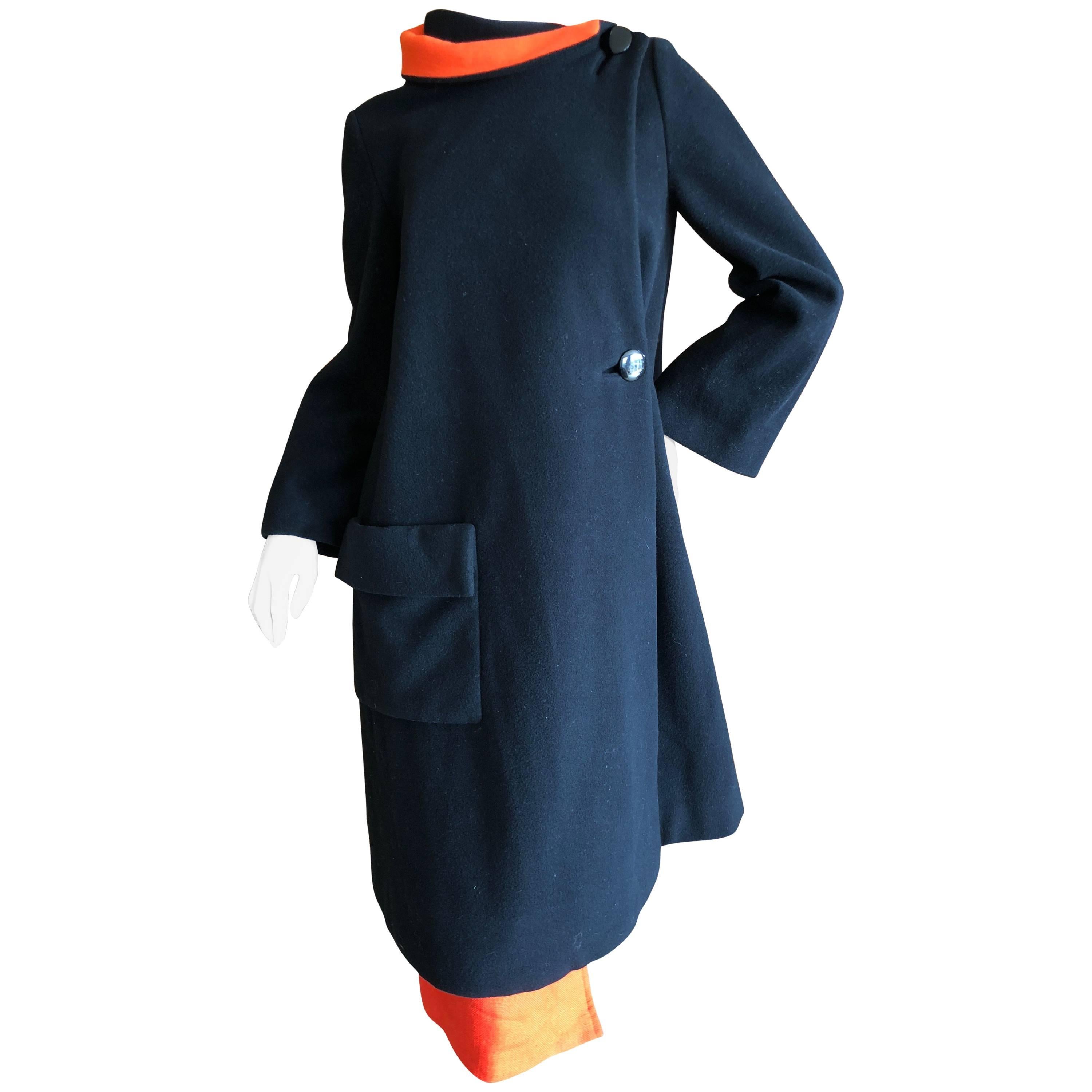 Cardinali 1970 Black Wool Coat with Orange Lining and Matching Skirt For Sale