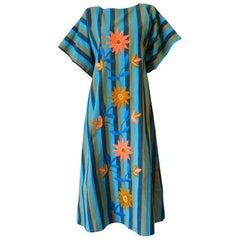 1970s Floral Embroidered Striped Cotton Kaftan 