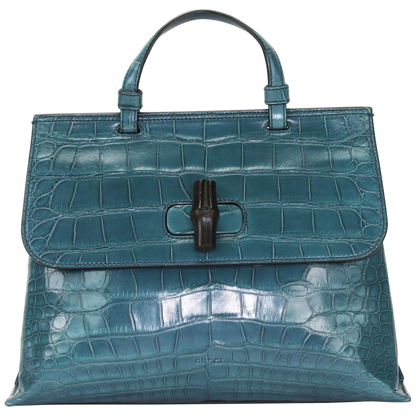 New $24.000 Gucci Crocodile Dusty Turquoise Top Handle Shoulder Strap Medium Bag