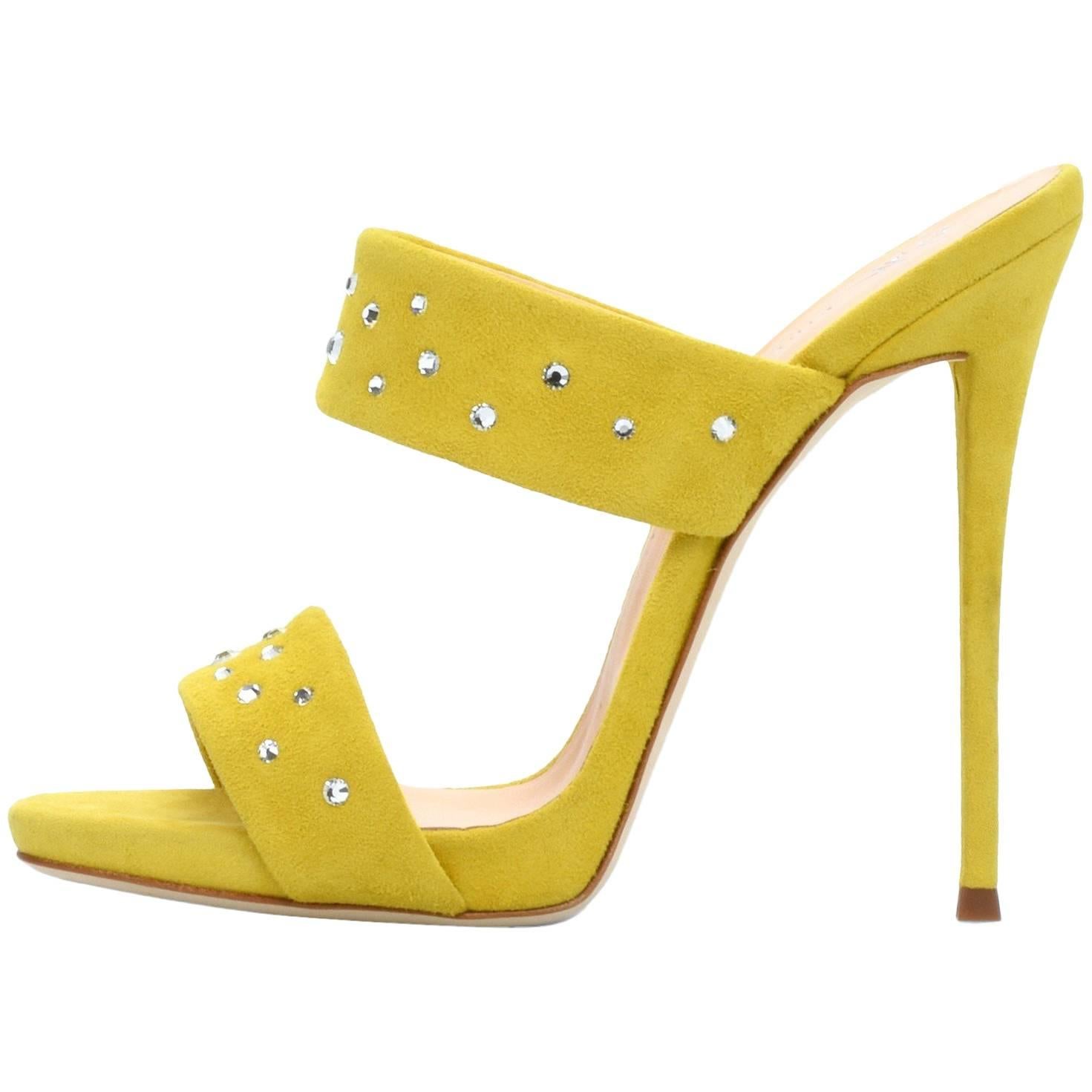 Giuseppe Zanotti Yellow Suede Crystal Slide in Mules Heels Sandals 
