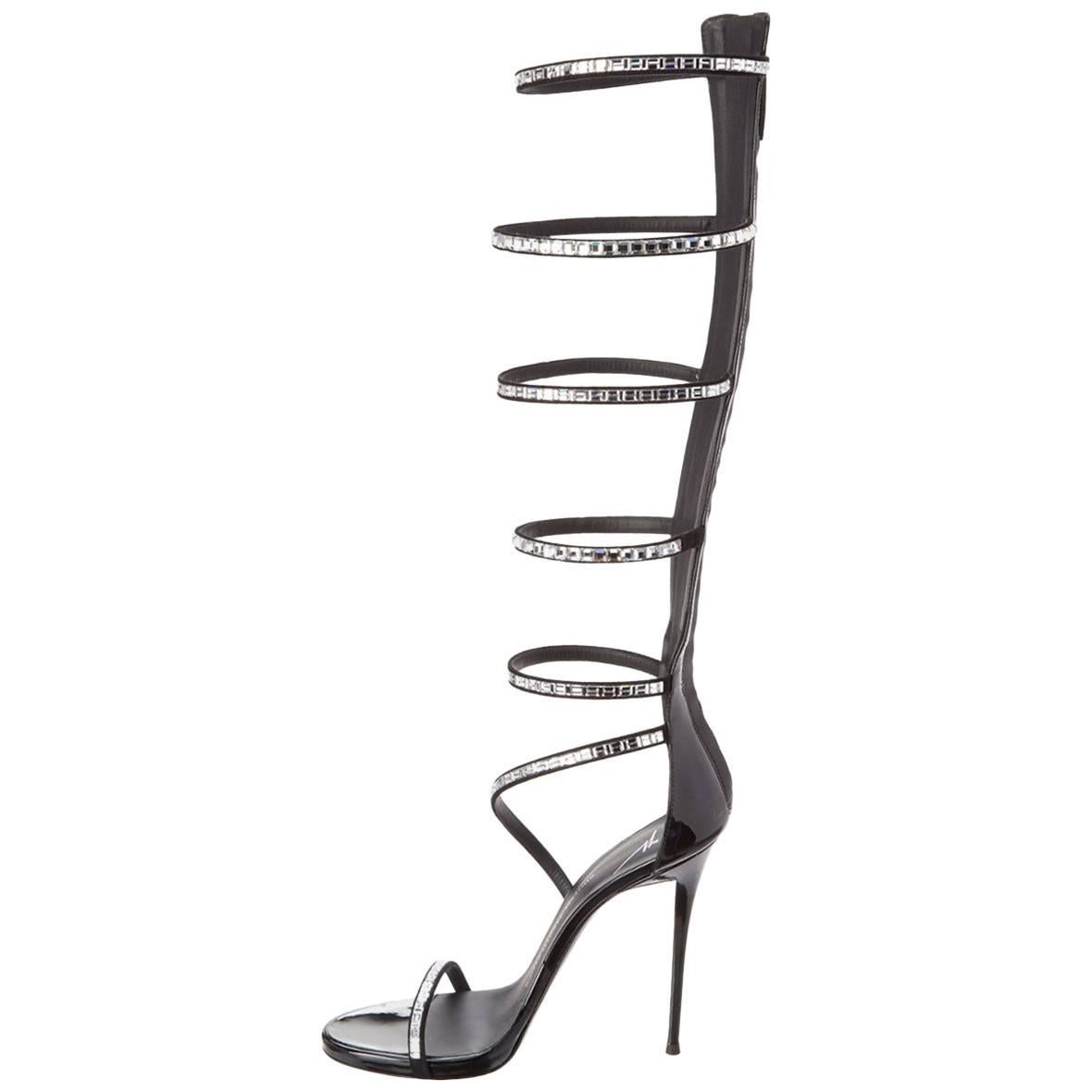 Giuseppe Zanotti Black Patent Crystal Tall Gladiator Evening Heels Sandals