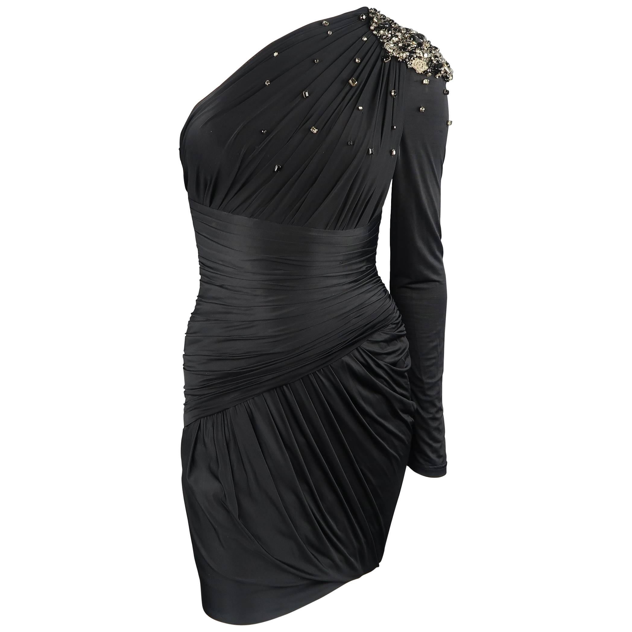 ZUHAIR MURAD Size 2 Black Draped Rhinestone Shoulder One Sleeve Cocktail Dress