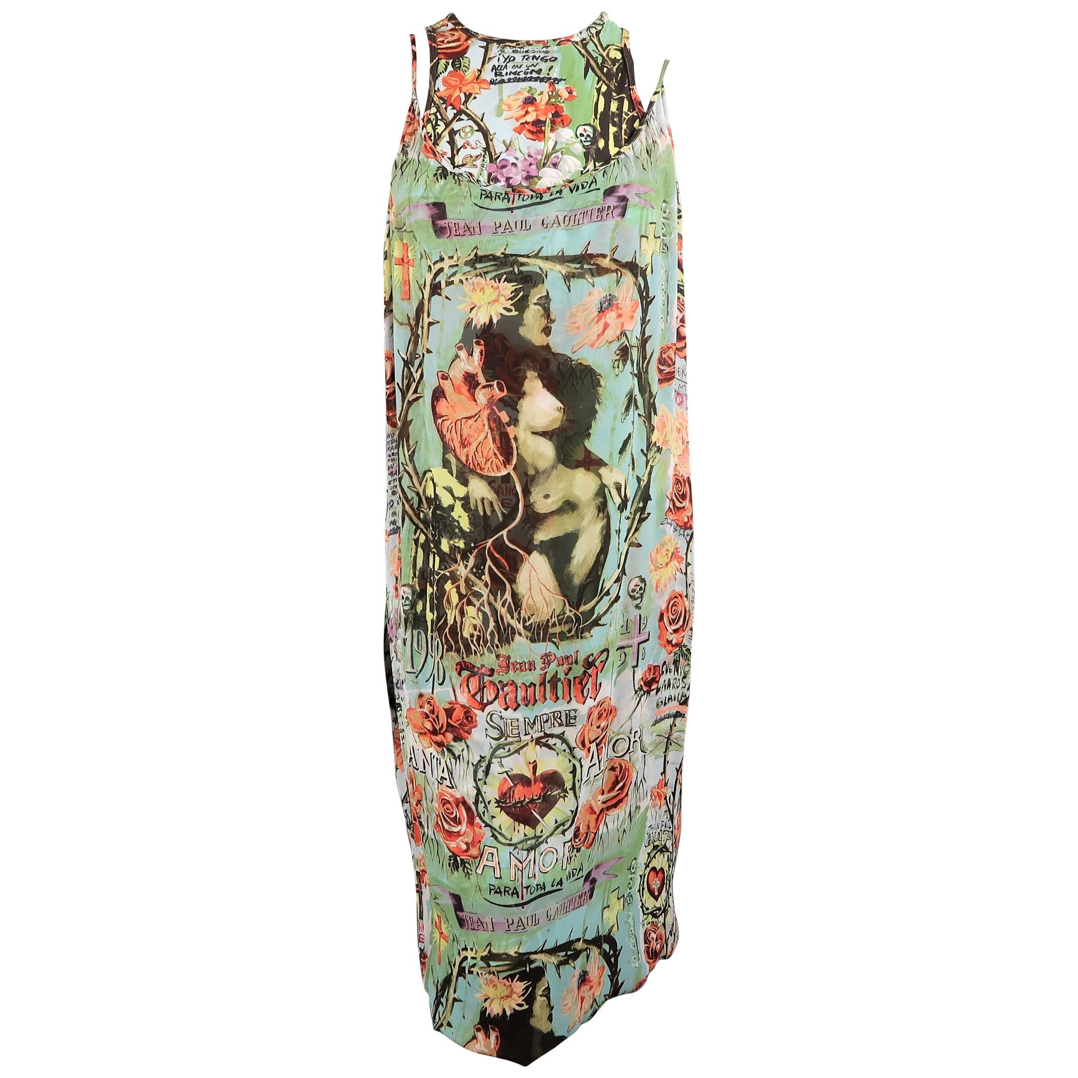 Jean Paul Gaultier Frida Kahlo Print Chiffon Layer Dress, Spring 1998 Runway 