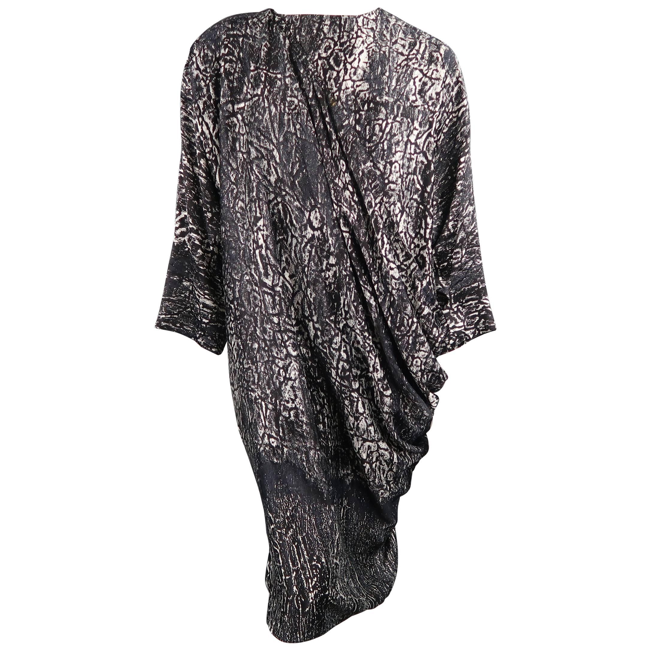 GIANNI VERSACE Size 8 Grey Marbled Cheetah Draped Satin Shift Cocktail ...