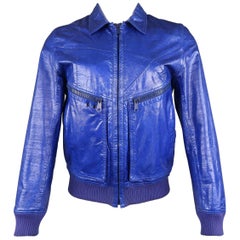 Dior Homme Mens Blue Metallic Leather Bomber Jacket Coat:: Spring 2009 Runway