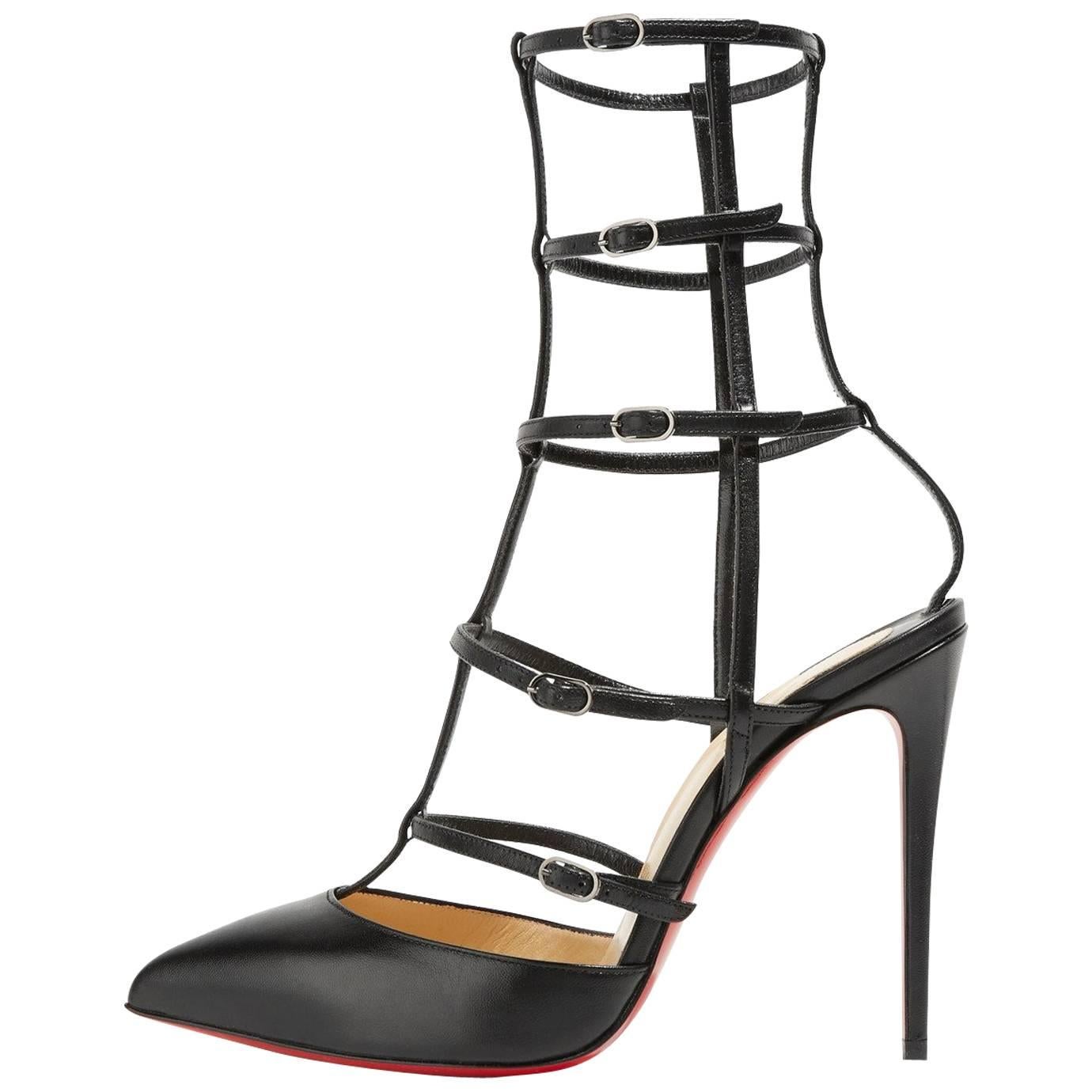 Christian Louboutin Black Leather Cage Evening Sandals Heels Pumps in Box