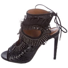 Aquazzura Black Snakeskin Leather Silver Stud Fringe Evening Sandals Heels