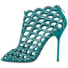 Sergio Rossi Turquoise Suede Crystal Evening Booties Heels