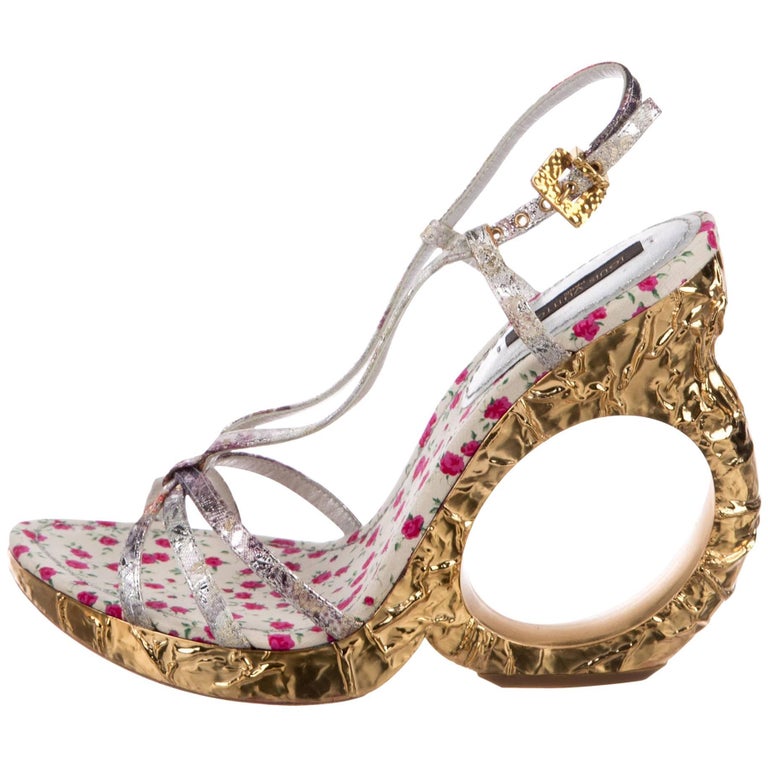 Louis Vuitton Gold Leather Baroque Ornate Runway Sandals Heels at
