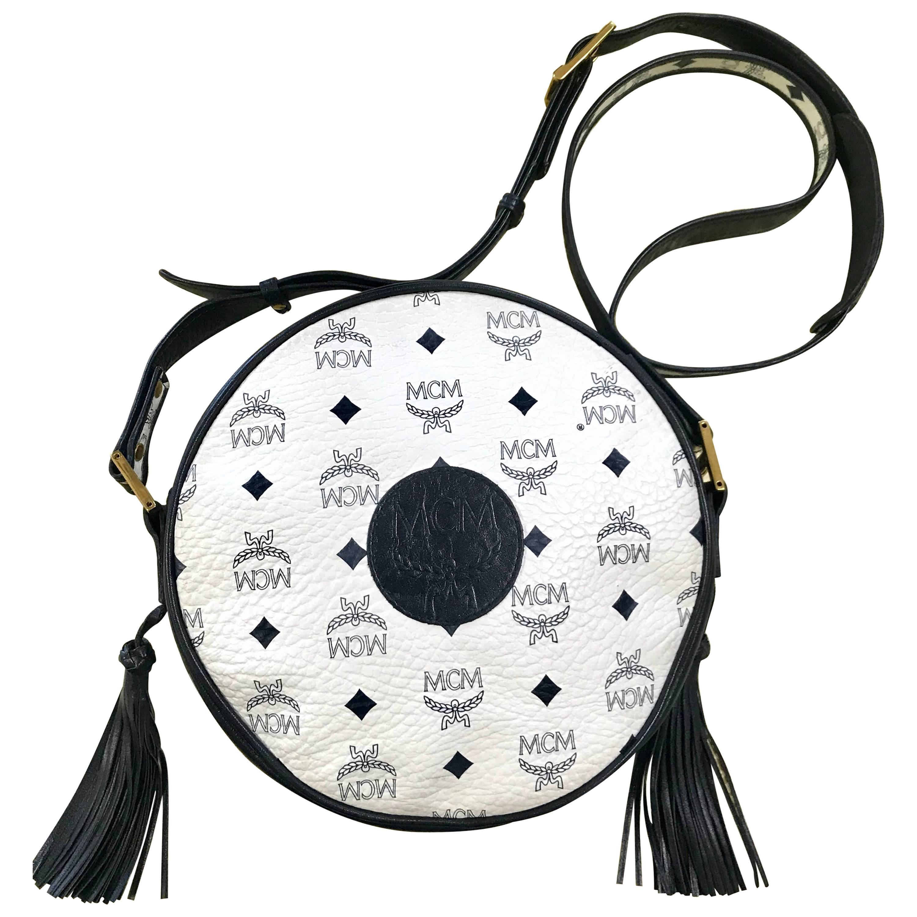 Vintage MCM navy and white monogram round Suzy Wong shoulder bag. Michael Cromer For Sale