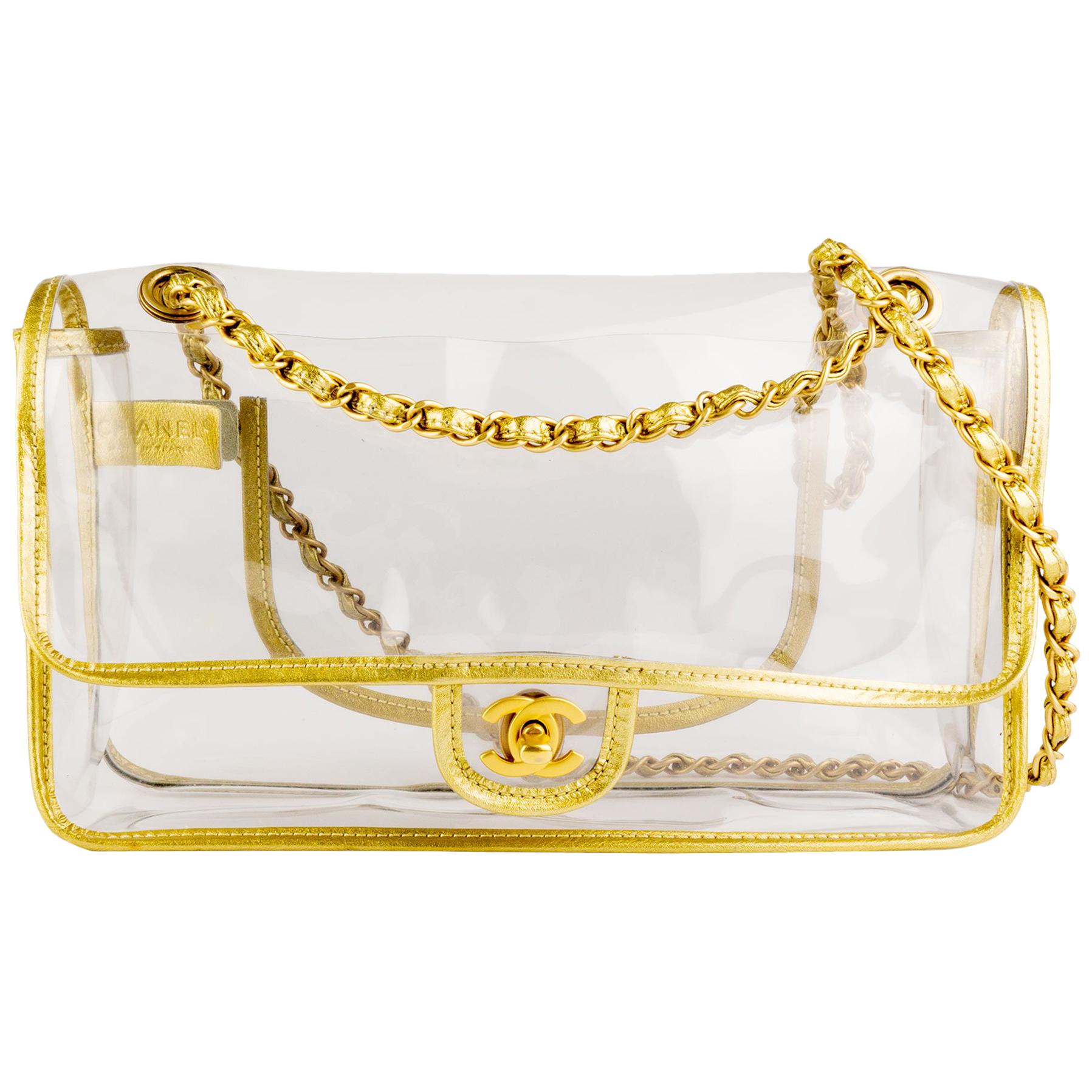 Chanel New Rare Vintage Transparent Clear Naked Gold Classic Medium Flap Bag