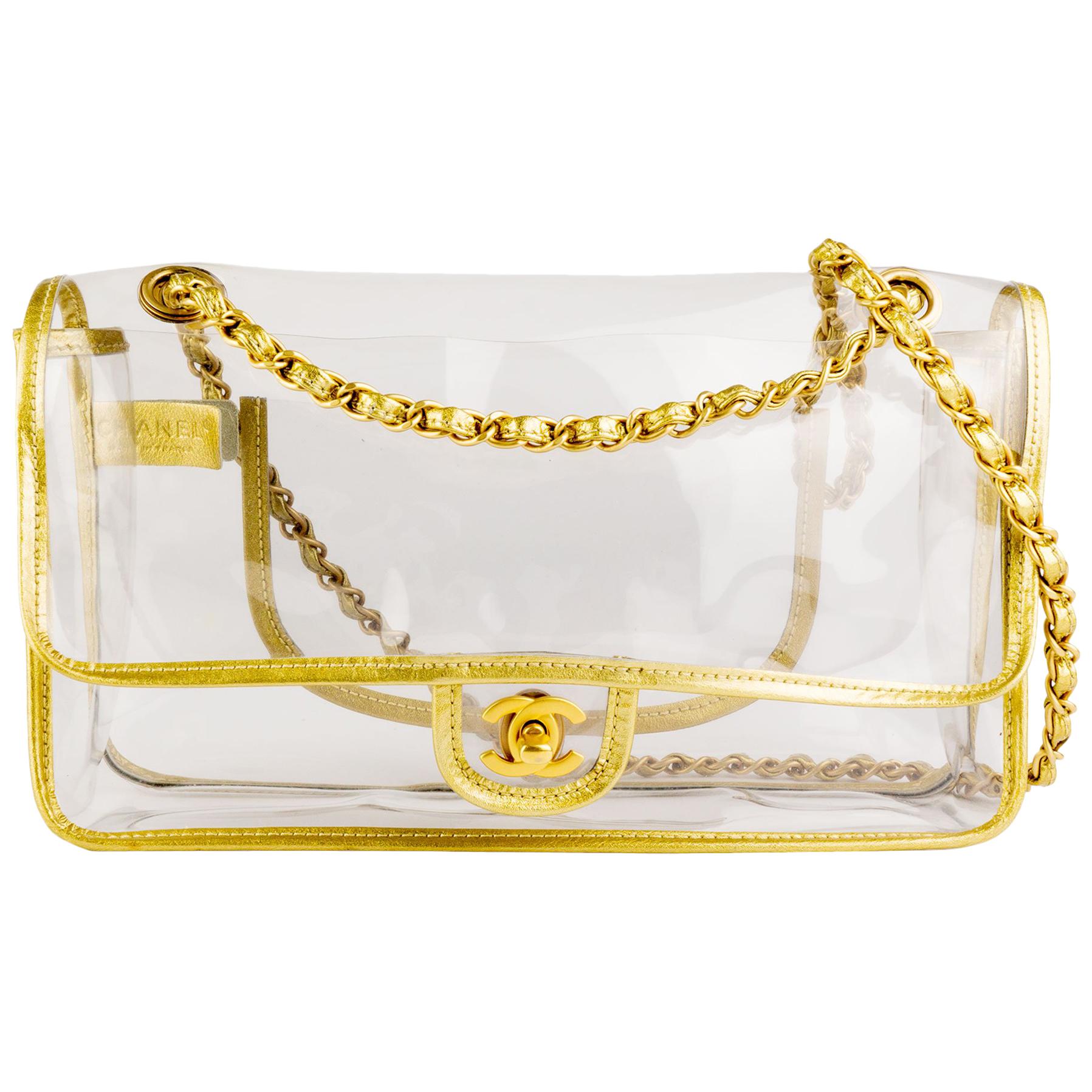 Chanel Clear Gold Leather Trim Evening Shoulder Flap Bag