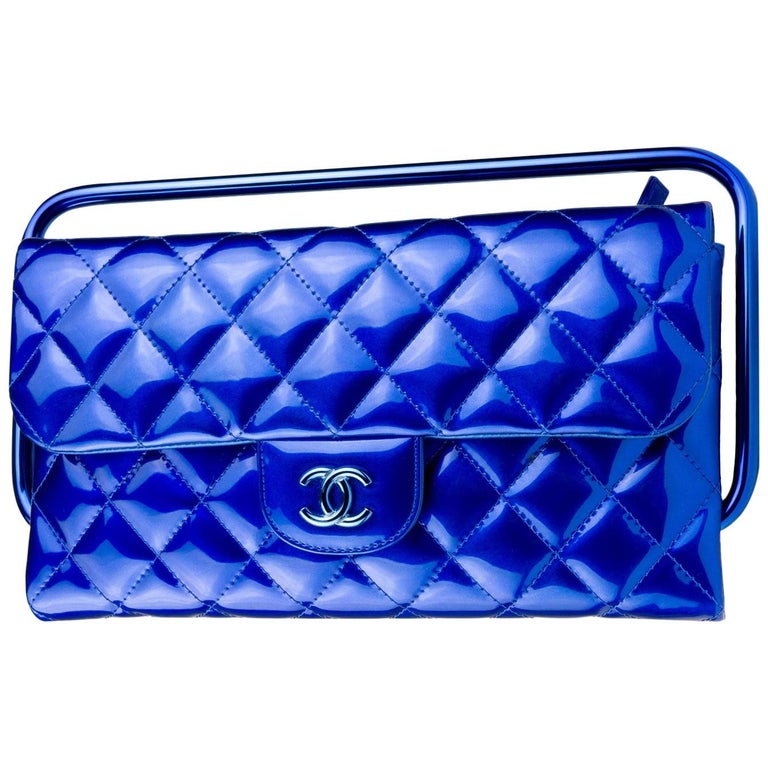 Chanel Electric Blue Patent Leather Quilted Runway Clutch For Sale at