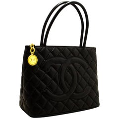 Chanel Caviar Gold Medallion Shopping Tote Black Shoulder Bag 