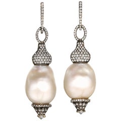 One of a Kind Baroque Pearl White Diamond Hollywood Drop Earrings