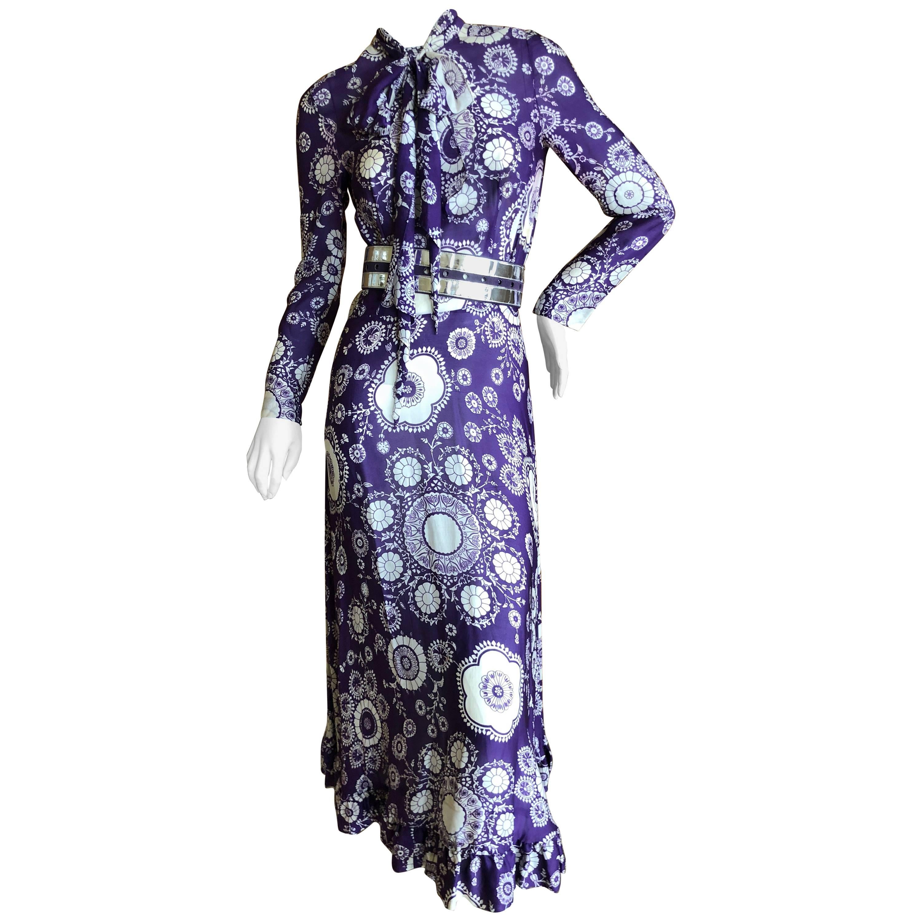 Cardinali Purple Mod Daisy Print Silk Dress and Silver Patent Leather Belt, 1970 For Sale