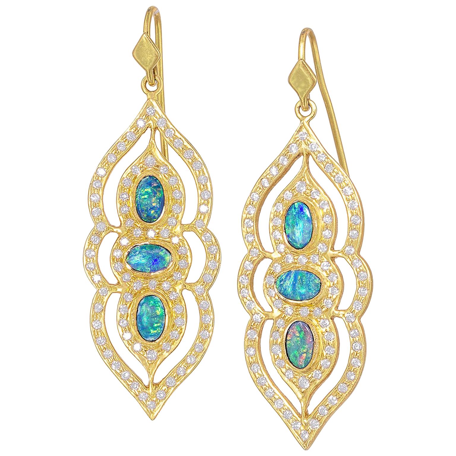 Boulder Opal White Diamond One of a Kind Arabesque Drop Earrings