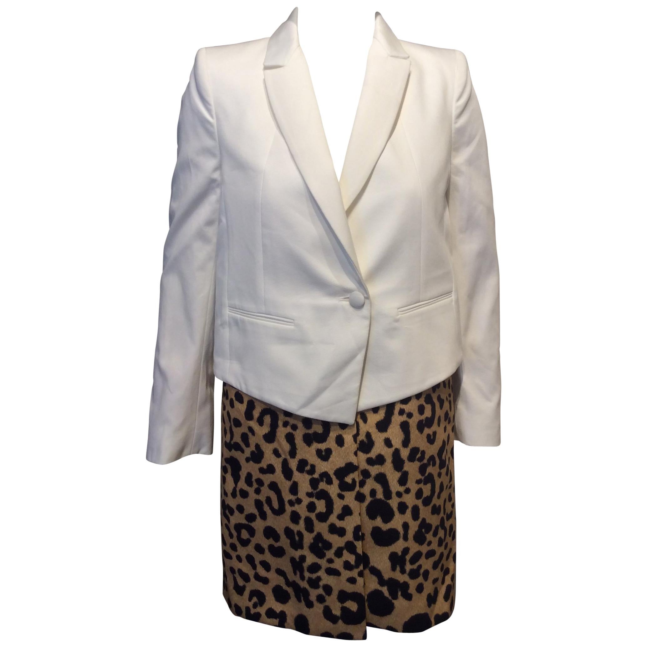 Givenchy White and Leopard Print Knee-Length Cotton Coat   For Sale