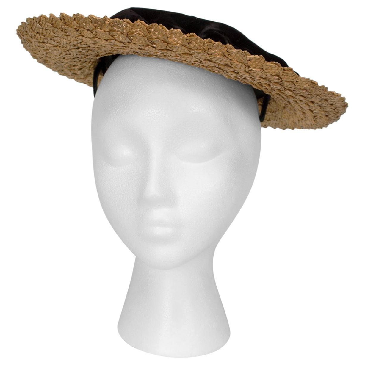 Schiaparelli Paris Black Velvet and Straw Summer Boater Hat - Adjustable, 1950s