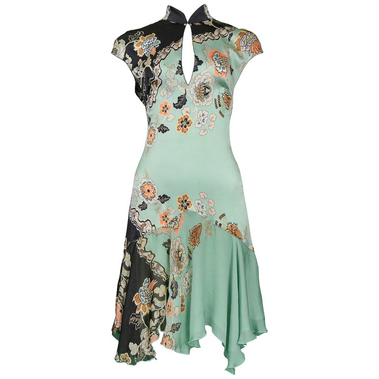 Vintage 2003 Roberto Cavalli Black and Teal Cheongsam Mini Dress at