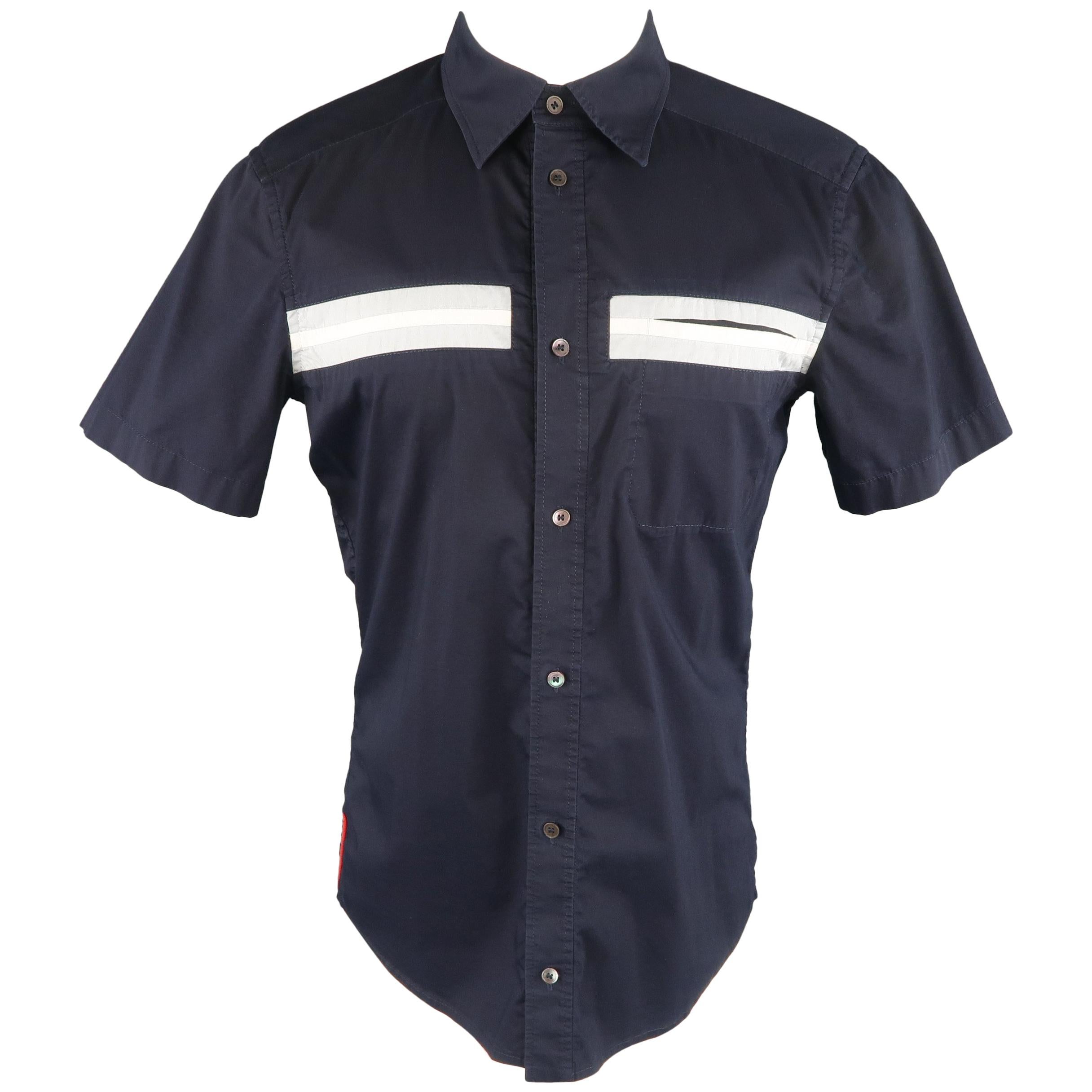 PRADA Size M Navy Solid Cotton Blend Striped Pocket Short Sleeve Shirt