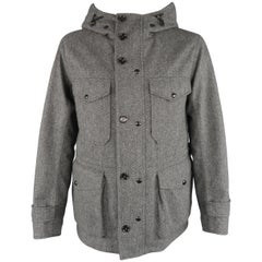 Moncler Grey Herringbone Wool Blend Hooded Parka Jacket / Coat